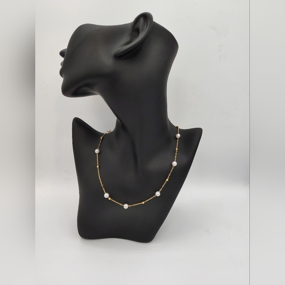 Dainty Goldtone Pearl And Gold Bead Station Necklace With Extender NWOT - Picture 1 of 3